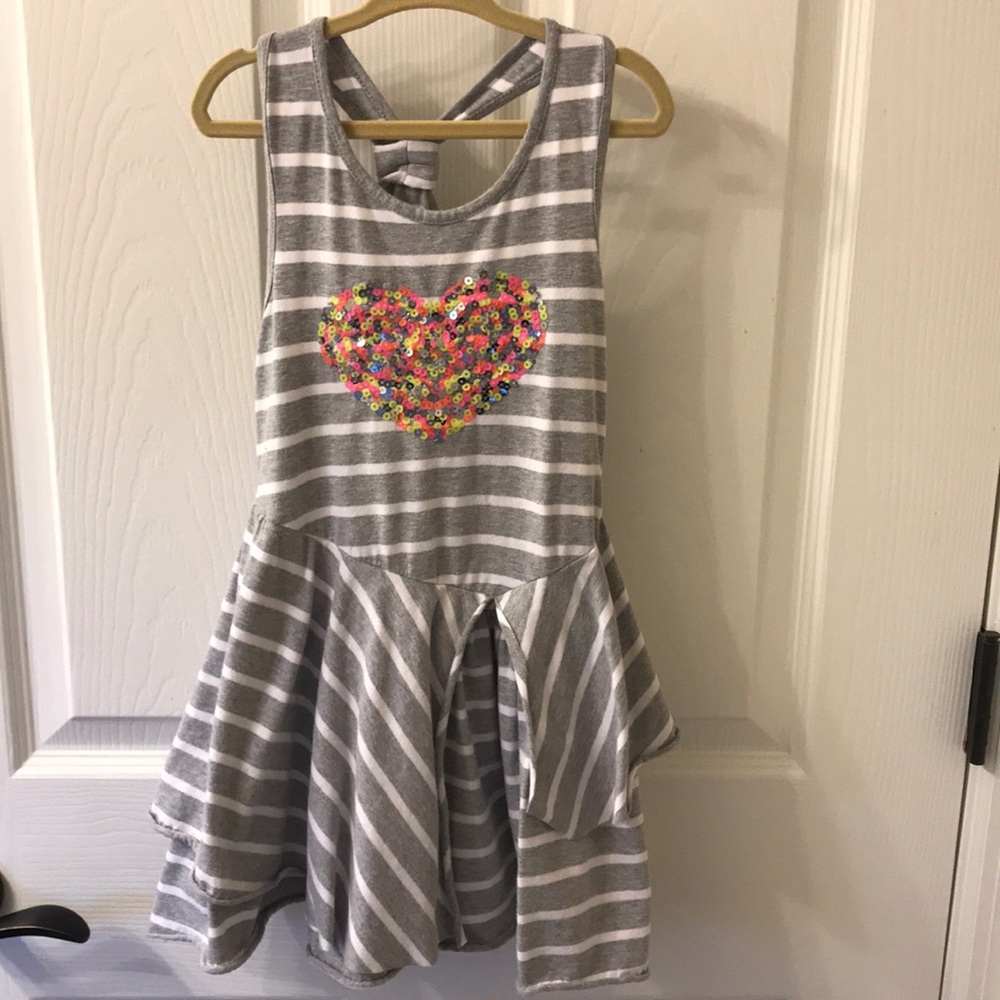 Grey/white strip tank dress - sequin heart detail.
